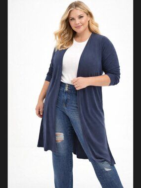 Torrid Studio Duster Cardigan 1X Navy Blue Longline Open Front Knit NWT Stretch
